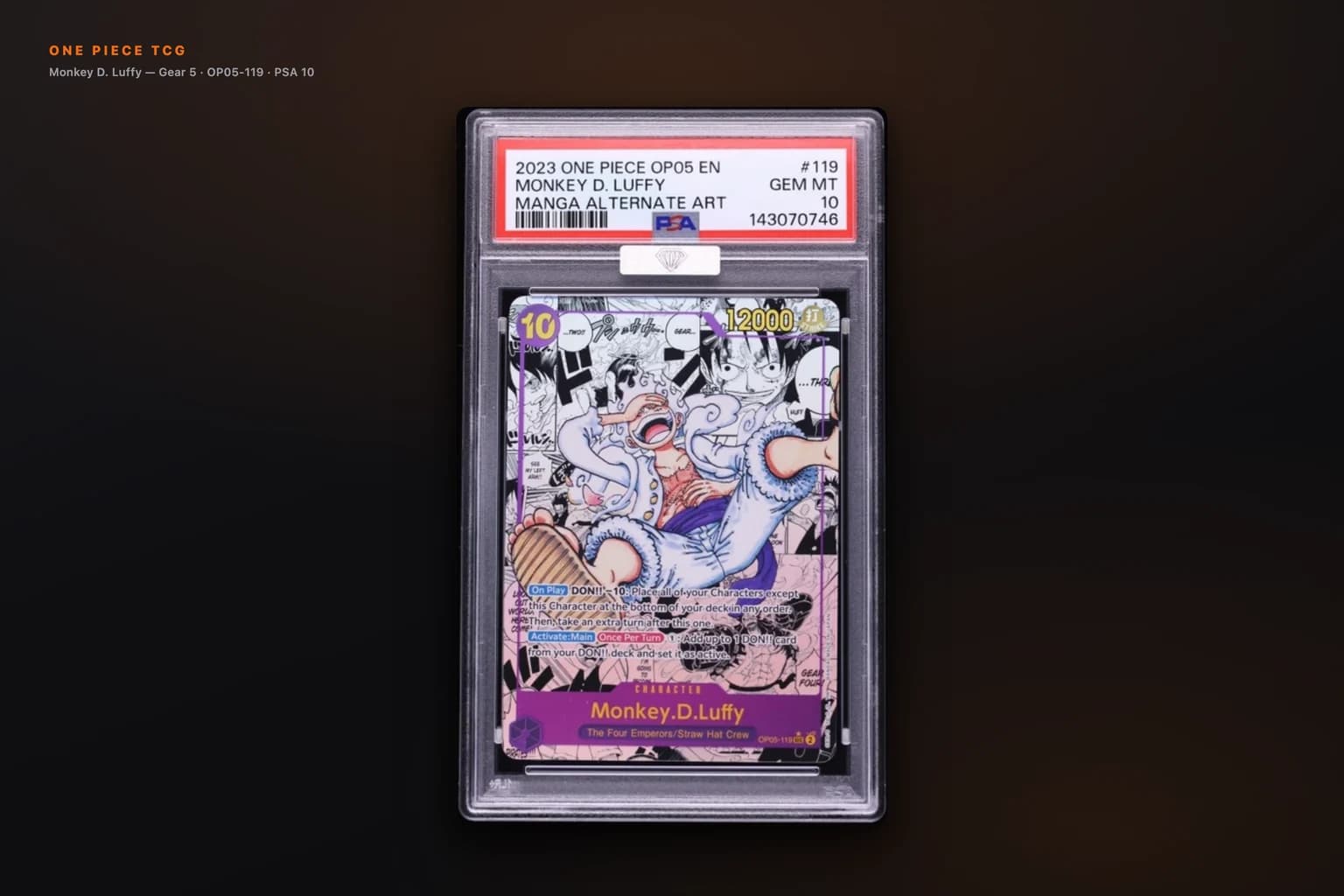 Monkey D. Luffy Gear 5 PSA 10 graded card slab product photography