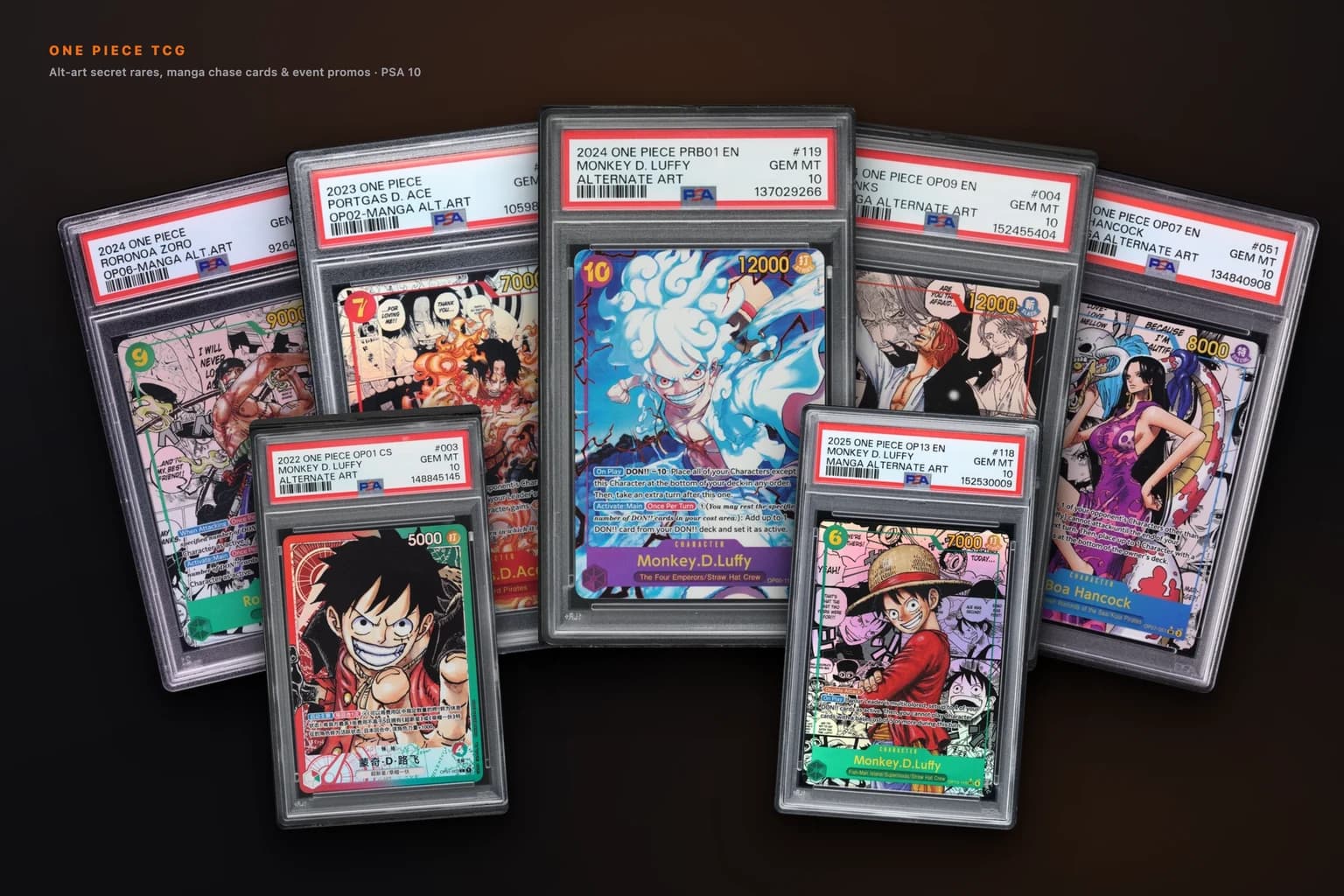 Collection of rare One Piece TCG promotional cards including tournament prizes and event exclusives