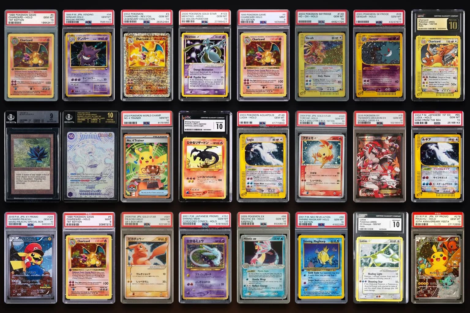 A grid of real graded Pokémon slabs — PSA, BGS, and CGC — including 1st Edition Charizard, Gold Star holos, and vintage chase cards