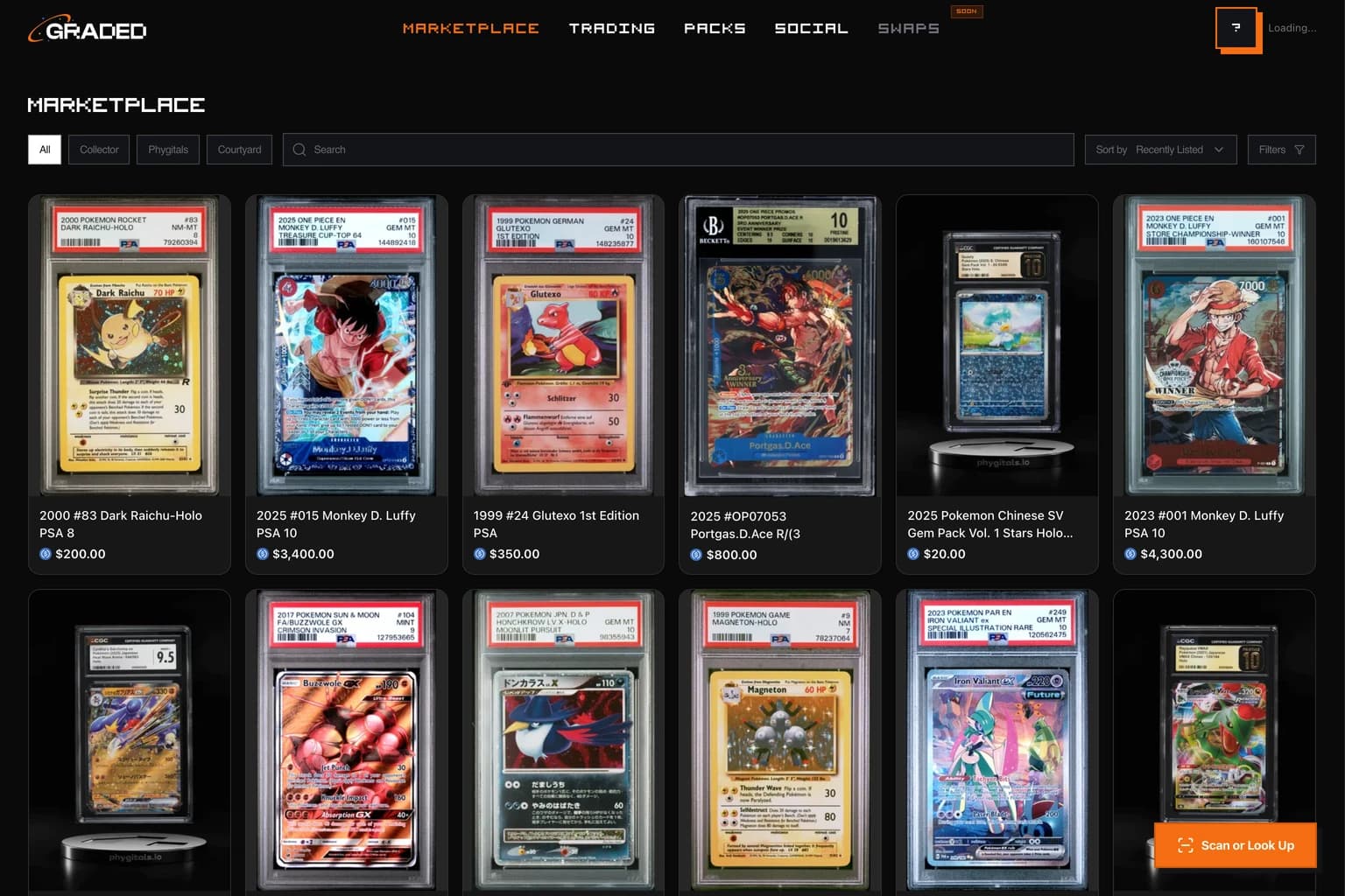 The Graded World marketplace showing tokenized (SOL-priced) and traditional graded Pokémon listings together across Collector Crypt, Phygitals, and Courtyard
