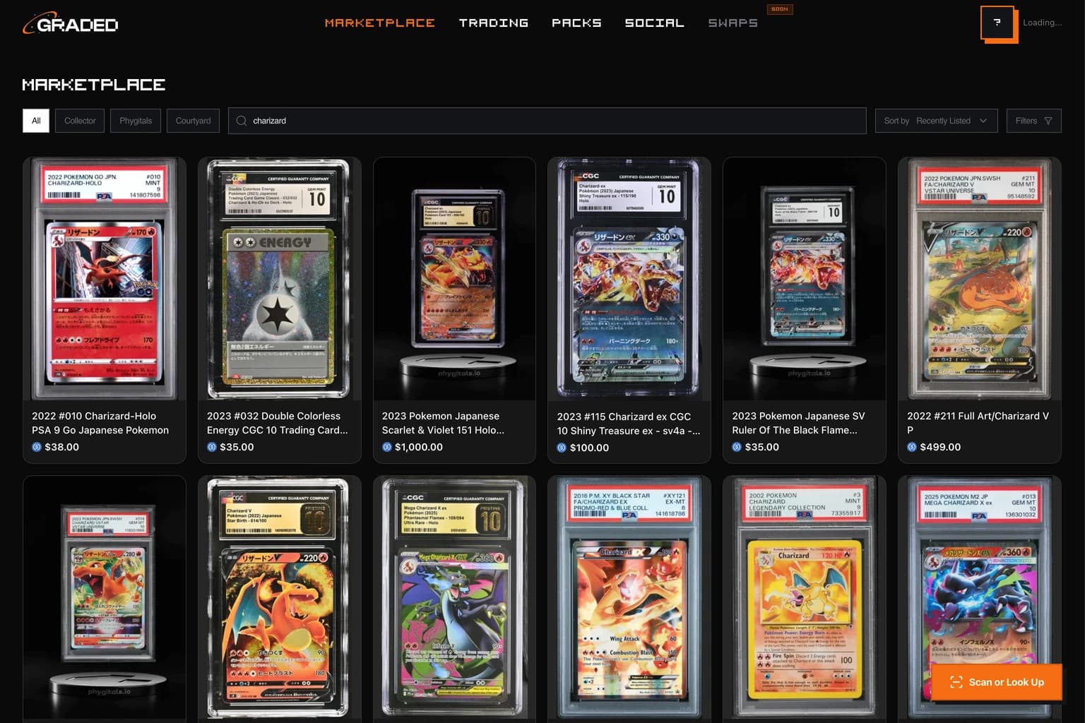 A single search for Charizard on Graded World returning graded Pokémon listings with prices from eBay, Courtyard, Collector Crypt, and Phygitals