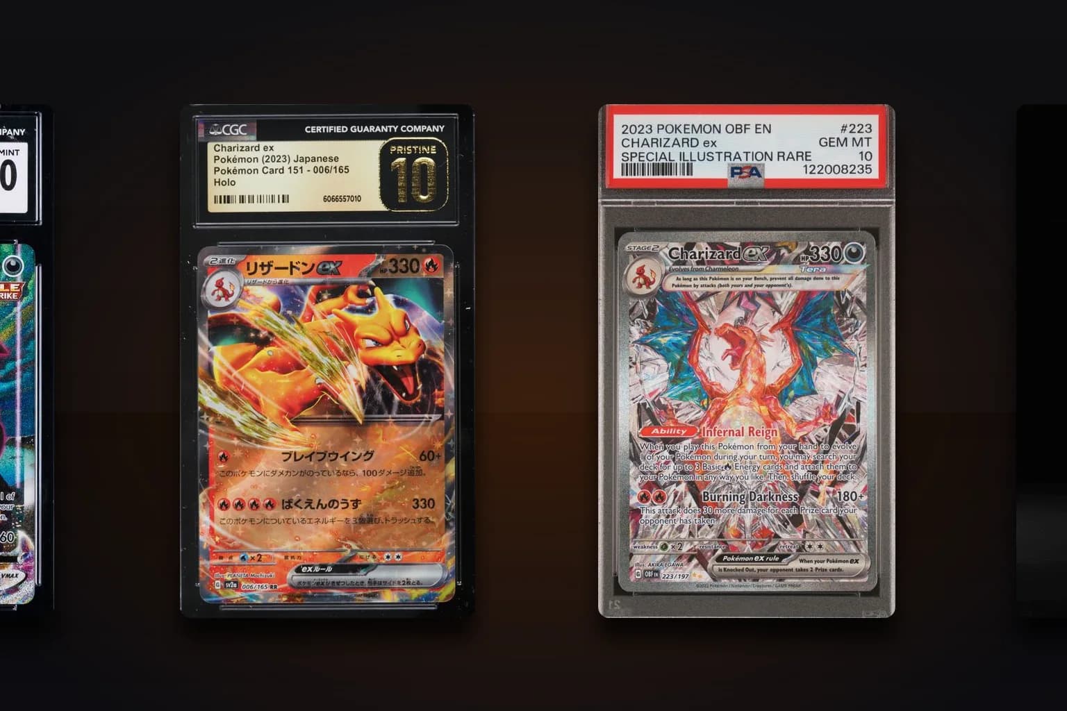 Real modern Pokémon Special Art Rare slabs in PSA 10 — Charizard ex Obsidian Flames, Gardevoir ex, and Umbreon VMAX