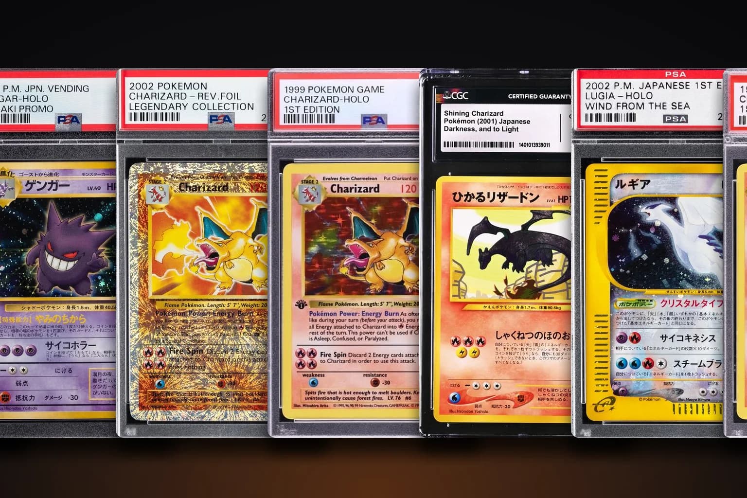 Real vintage Pokémon graded slabs — 1st Edition Base Set holos and Japanese vintage cards in PSA and CGC holders