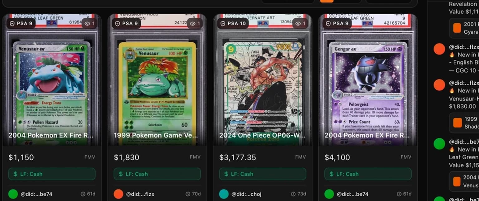Close-up of live Trading Floor listings showing PSA 9 and PSA 10 graded cards with fair market values of $1,150, $1,830, $3,177, and $4,100, each tagged 'looking for cash', alongside a live floor chat