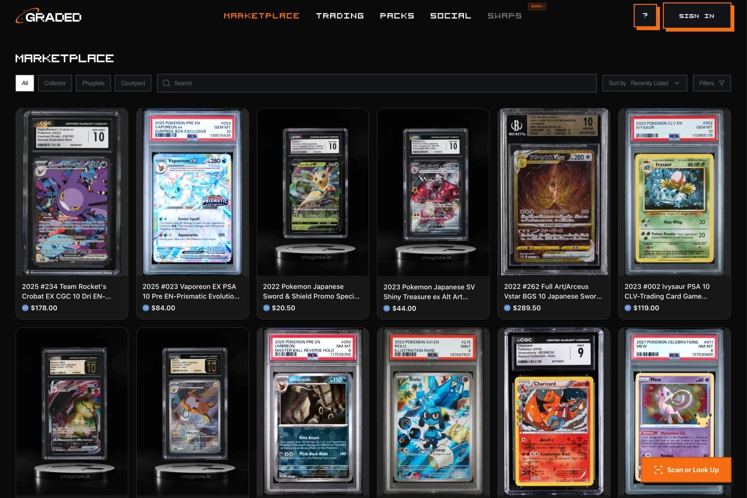 The Graded marketplace showing graded slabs aggregated across Collector Crypt, Phygitals, and Courtyard with PSA, CGC, and Beckett grades and live prices