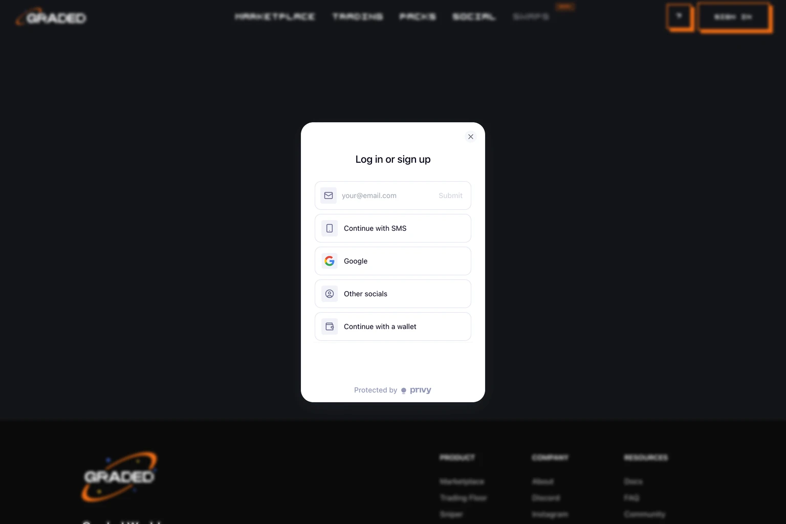 The Graded sign-in screen offering email, SMS, Google, and other social logins, protected by Privy, with no seed phrase required