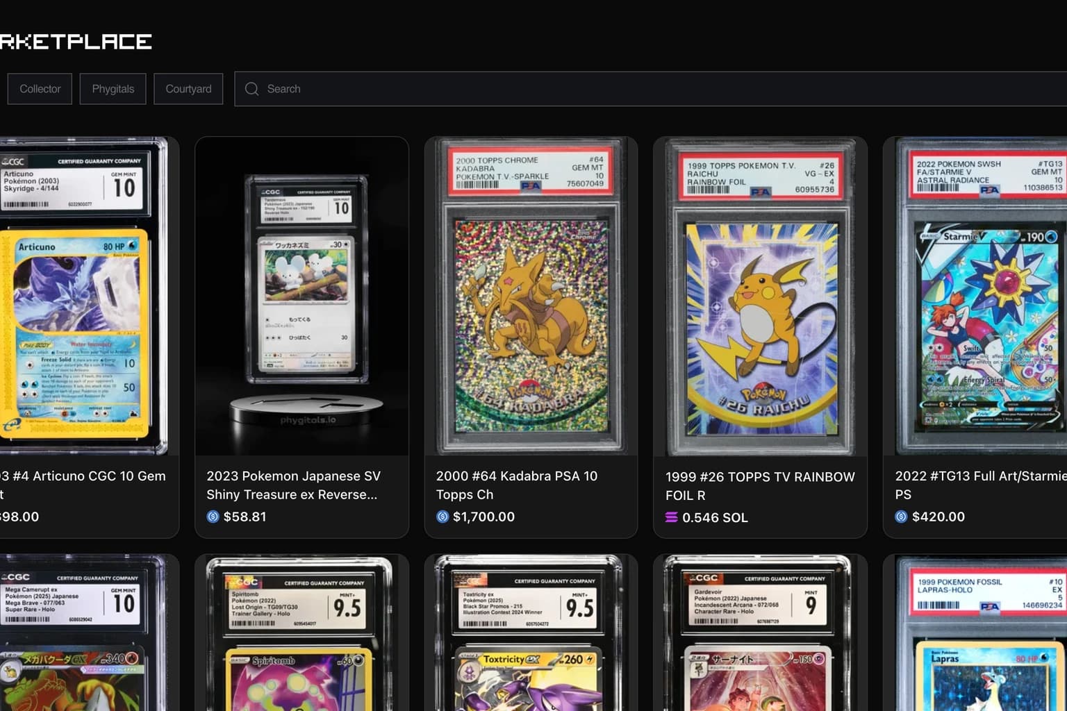 The Graded World marketplace aggregating live graded card listings with prices across eBay, Courtyard, Collector Crypt, and Phygitals