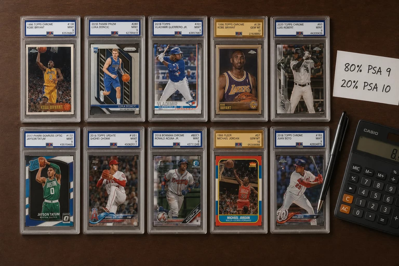 Graded card portfolio layout showing 80% PSA 9 cards with select PSA 10 investment picks highlighted in gold